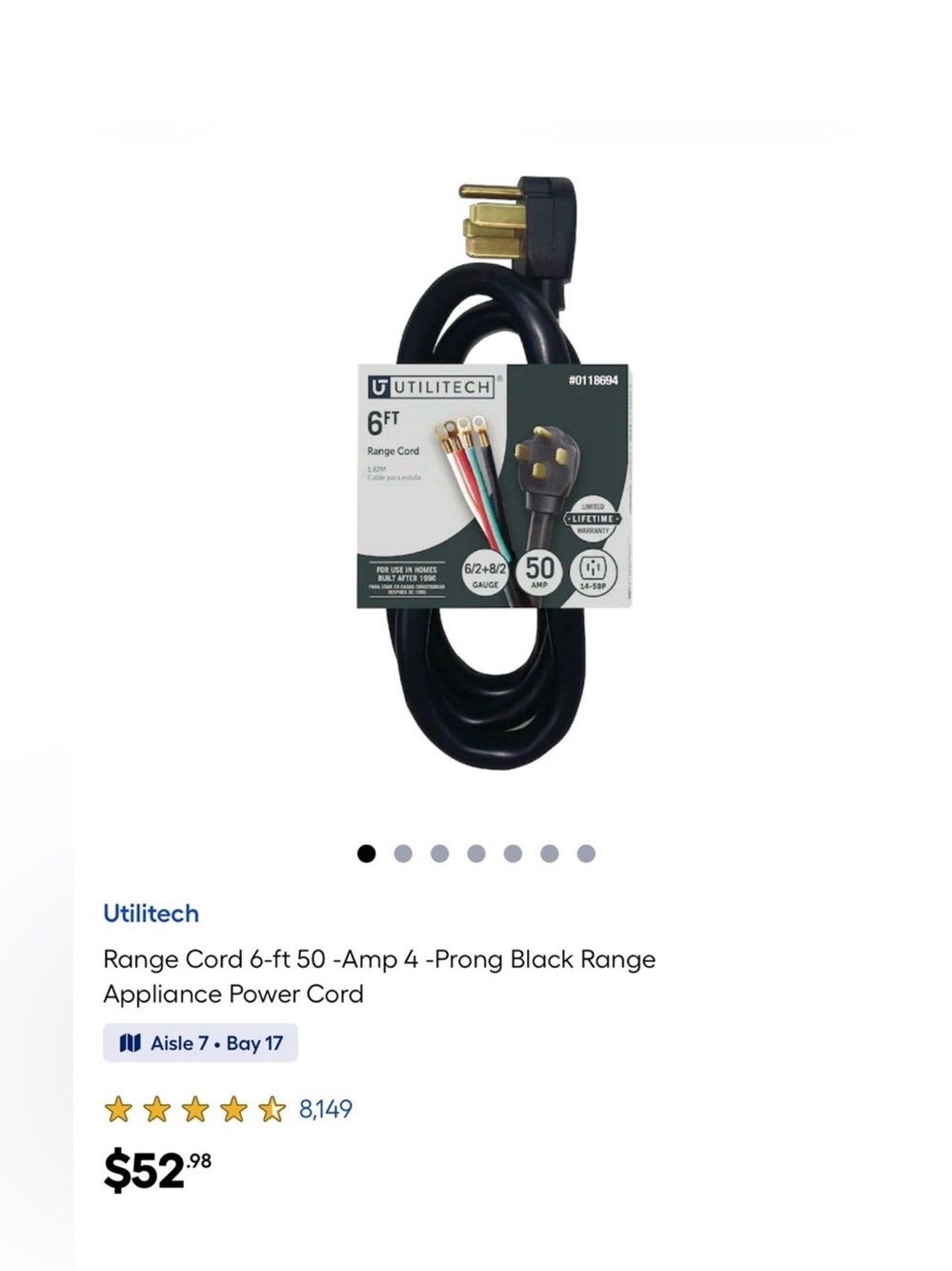 NEW UTILITECH Range Cord 6-ft 50 -Amp 4 -Prong Black Range Appliance Power Cord
